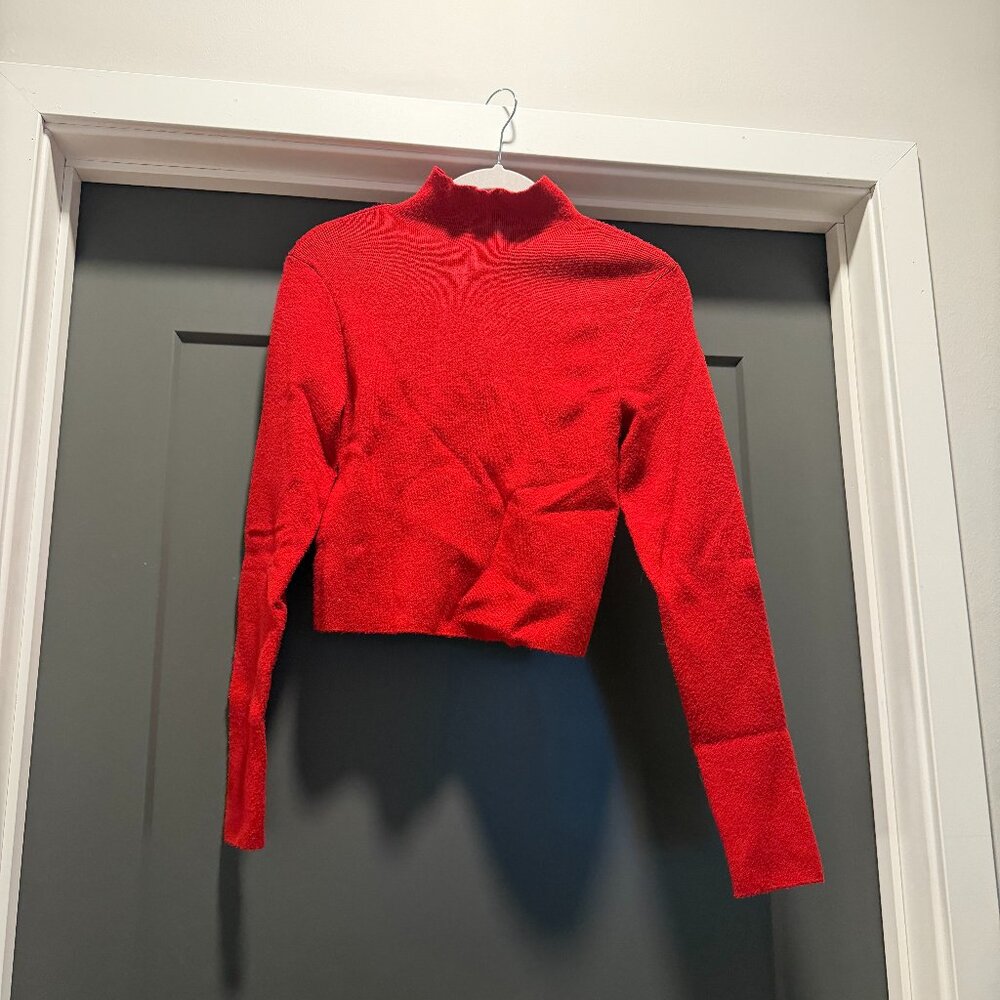 Red cropped mock neck sweater